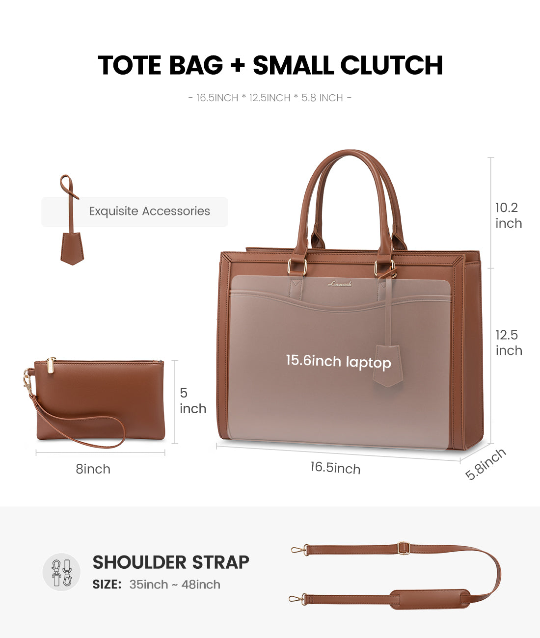 LOVEVOOK 15.6” Women’s Laptop Tote Bag – Waterproof PU Leather Office & Travel Handbag with Clutch