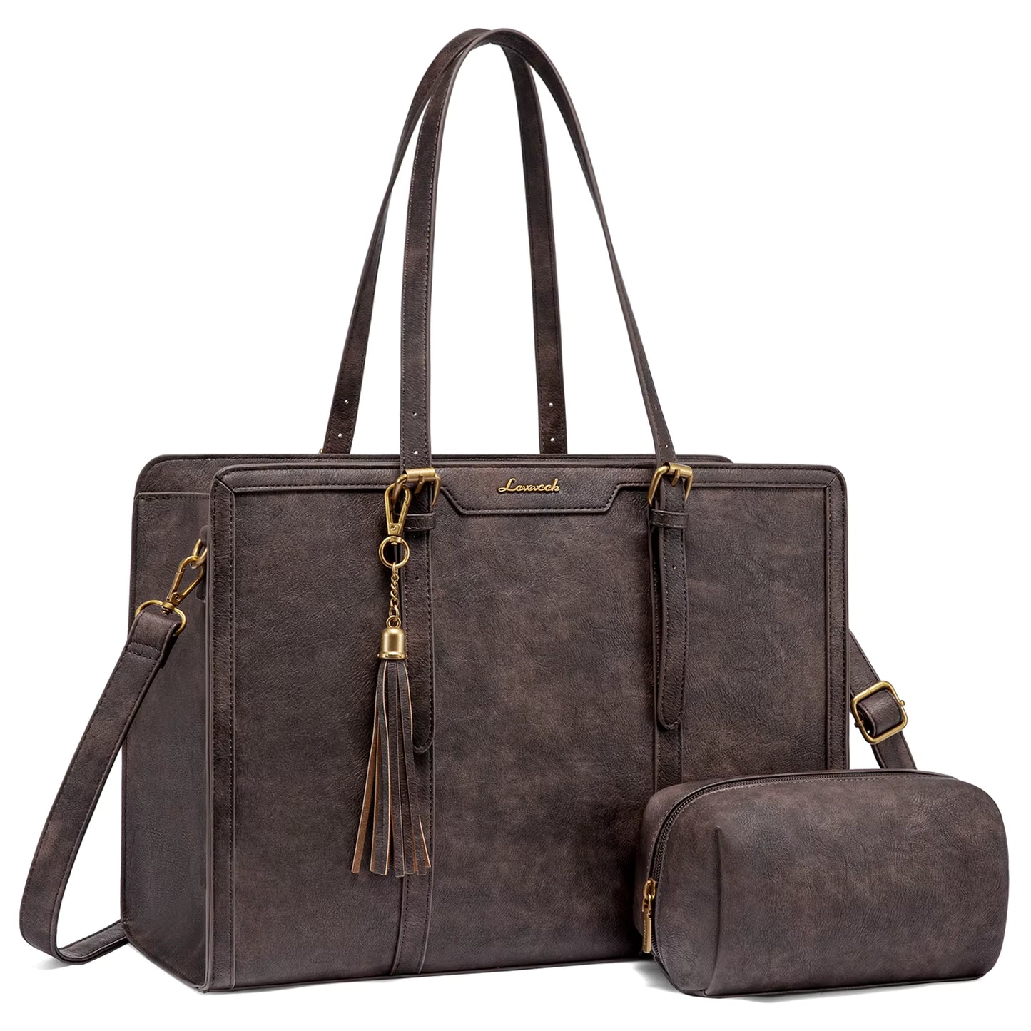 LOVEVOOK Women’s Embroidered Laptop Tote Bag | 2-Piece Set with Clutch | PU Leather 15.6–17”