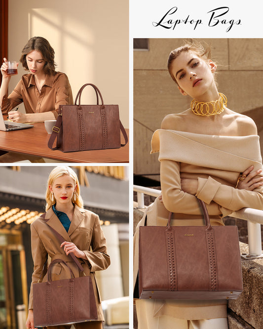 LOVEVOOK Women's Business Laptop Tote Bag – Vintage PU Leather 15.6" Briefcase with Clutch