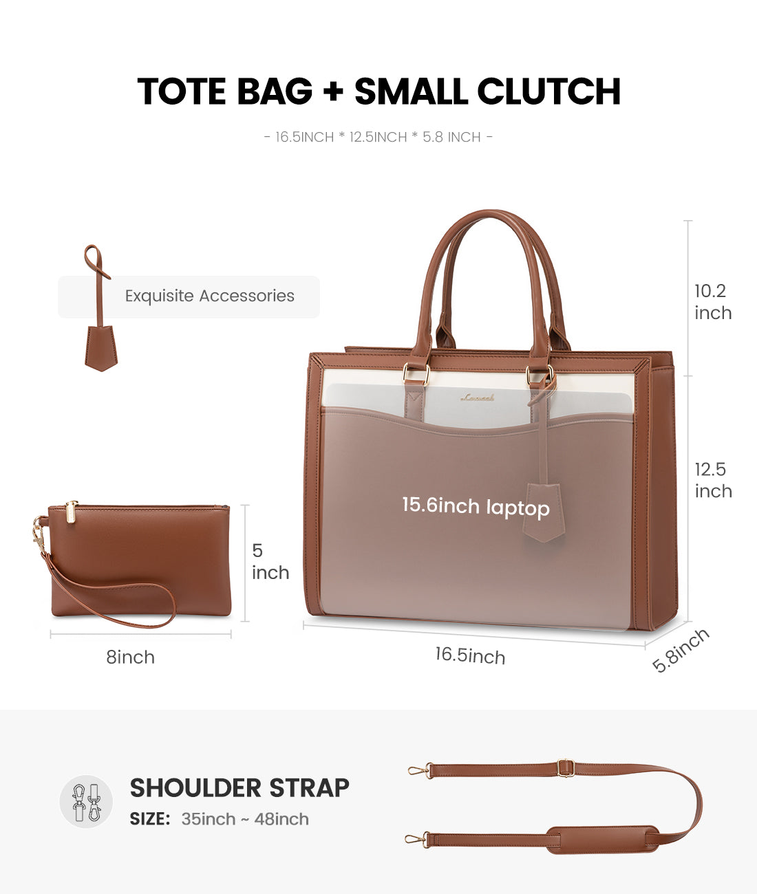 LOVEVOOK 15.6” Women’s Laptop Tote Bag – Waterproof PU Leather Office & Travel Handbag with Clutch