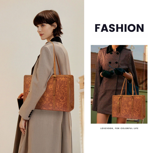 LOVEVOOK Women’s Embroidered Laptop Tote Bag | 2-Piece Set with Clutch | PU Leather 15.6–17”