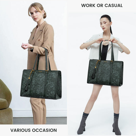 LOVEVOOK Women’s Embroidered Laptop Tote Bag | 2-Piece Set with Clutch | PU Leather 15.6–17”