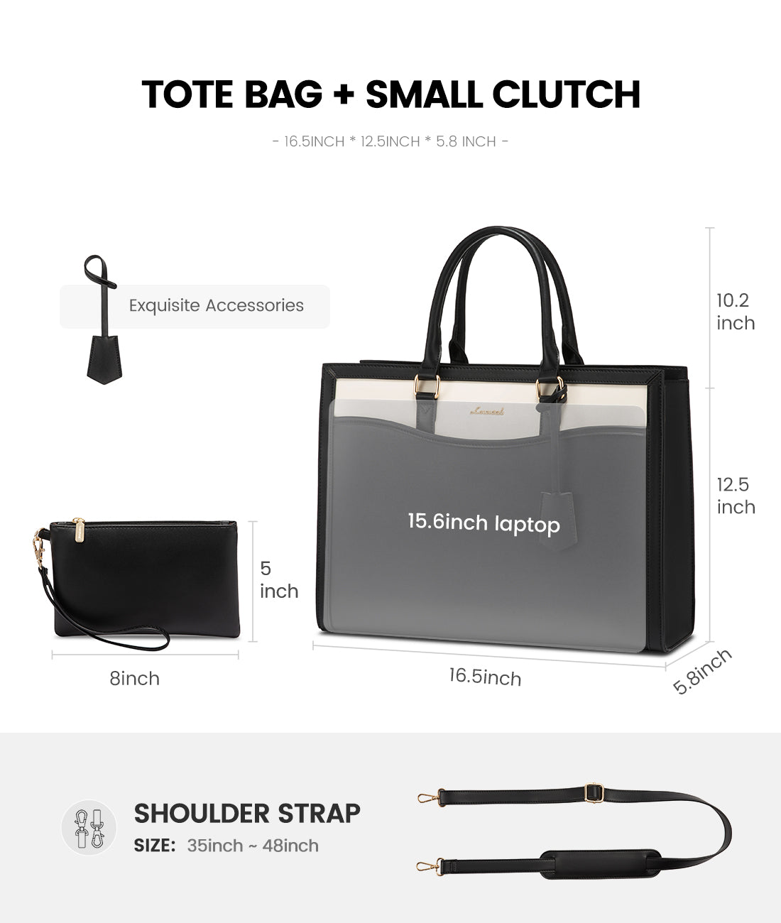 LOVEVOOK 15.6” Women’s Laptop Tote Bag – Waterproof PU Leather Office & Travel Handbag with Clutch