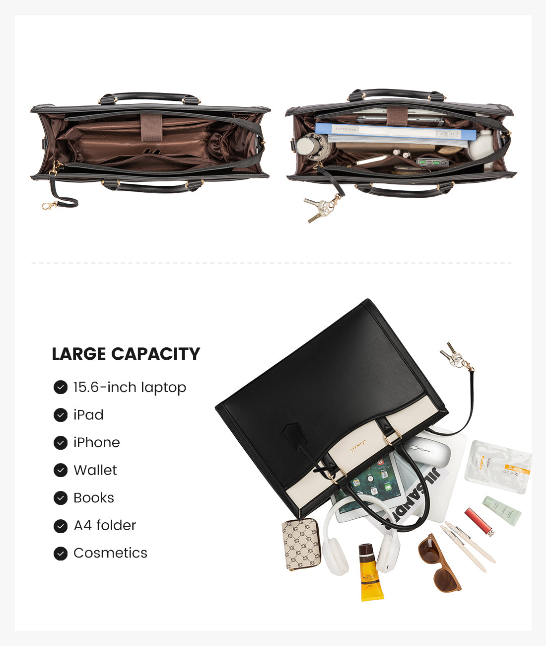 LOVEVOOK 15.6” Women’s Laptop Tote Bag – Waterproof PU Leather Office & Travel Handbag with Clutch