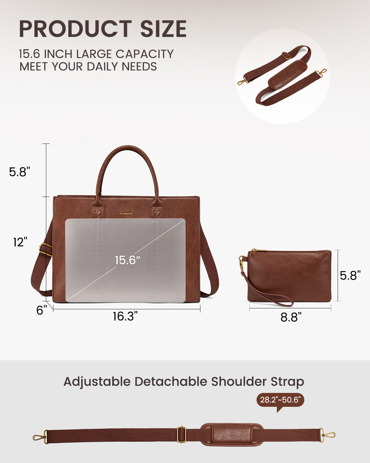 LOVEVOOK Women's Business Laptop Tote Bag – Vintage PU Leather 15.6" Briefcase with Clutch