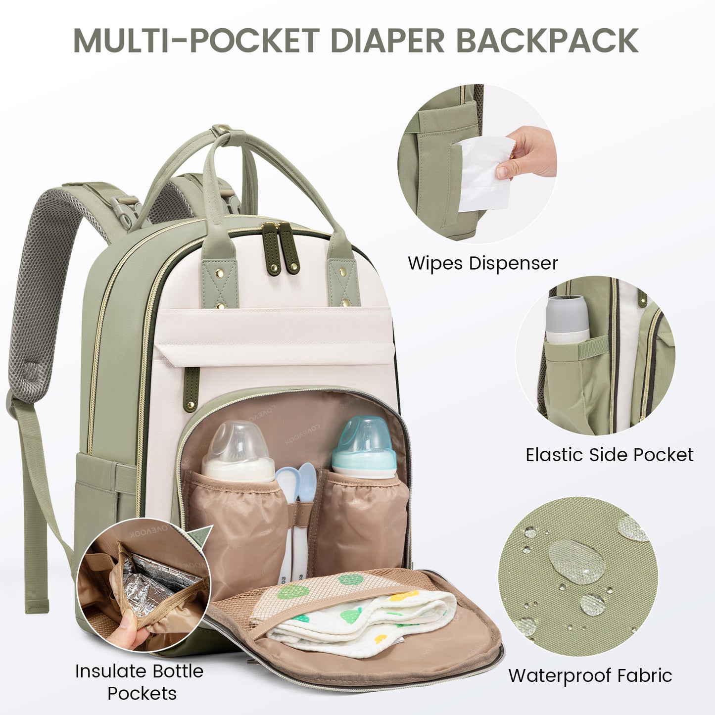LOVEVOOK Large Waterproof Diaper Backpack – Multi-Pocket Baby Bag with Stroller Straps & Changing Pad