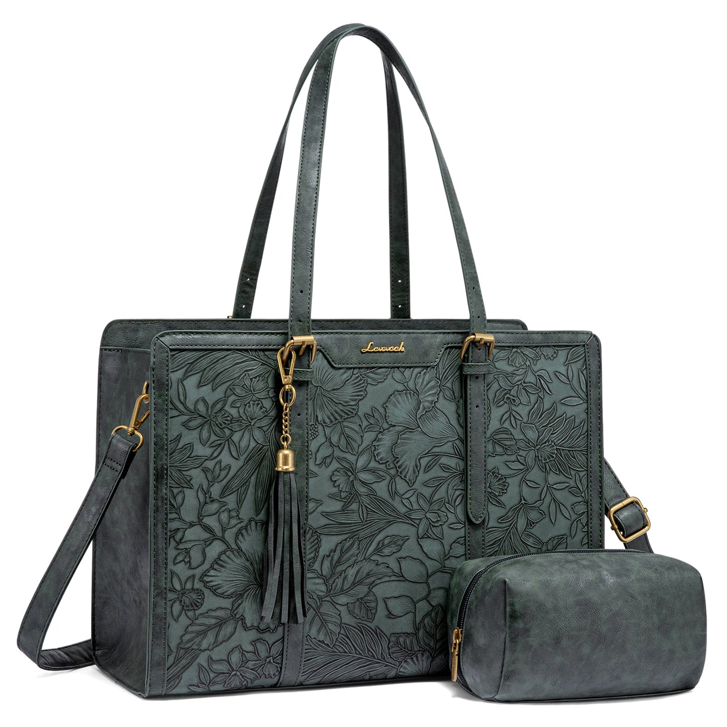 LOVEVOOK Women’s Embroidered Laptop Tote Bag | 2-Piece Set with Clutch | PU Leather 15.6–17”