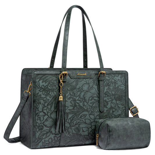 LOVEVOOK Women’s Embroidered Laptop Tote Bag | 2-Piece Set with Clutch | PU Leather 15.6–17”