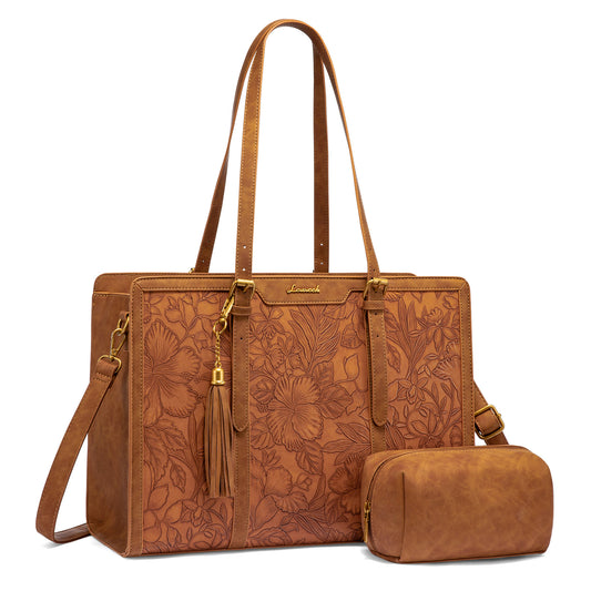LOVEVOOK Women’s Embroidered Laptop Tote Bag | 2-Piece Set with Clutch | PU Leather 15.6–17”