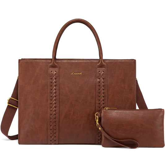 LOVEVOOK Women's Business Laptop Tote Bag – Vintage PU Leather 15.6" Briefcase with Clutch